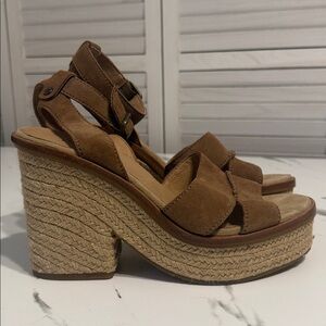 Ugg Tan Suede Wedge Ankle Wrap Sandals. Size 9-1/2